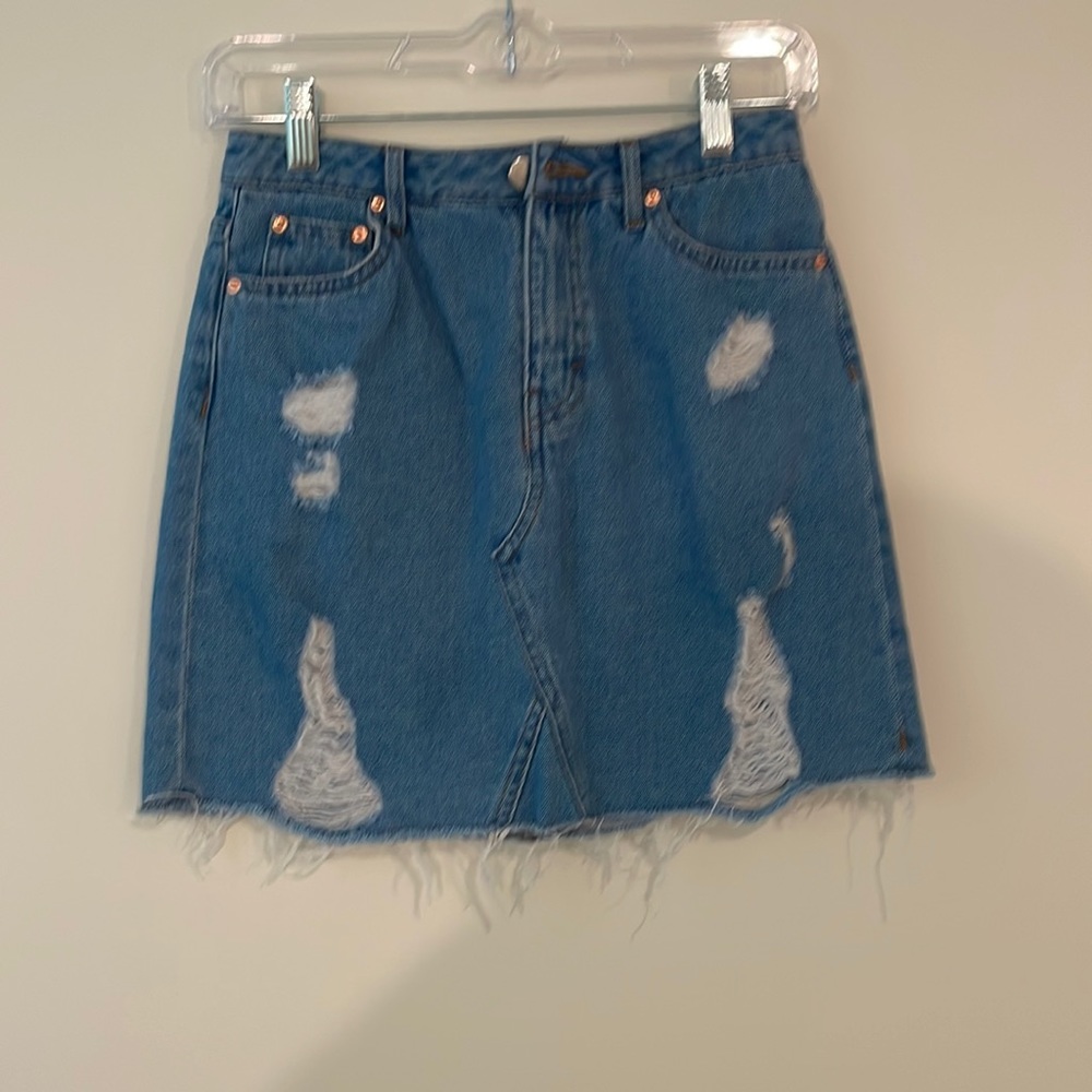 Denim Skirt - Flair Bottom Denim Shirt Skirt -Distressed Jean Skirt